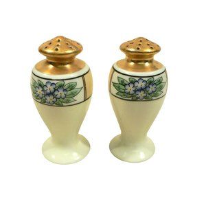 Salt Pepper Shakers Hand Painted Ceramic Cork Stopper Gold Tone Tops Vintage